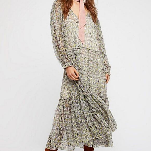 Free People Smocked Shoulder Midi Dress - Picture 1 of 6